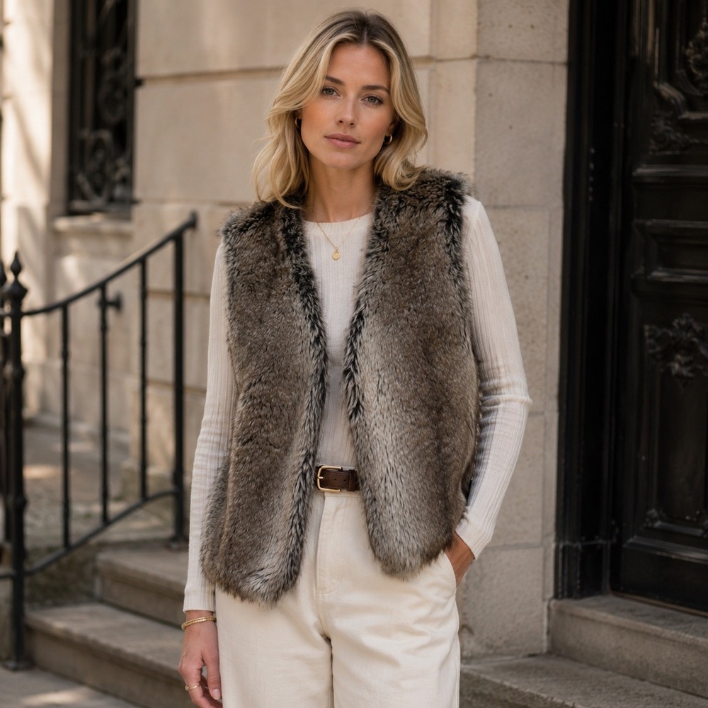 Everly Women's Faux Fur Vest S‎ Brown Gray Sleeveless V Neck Layering